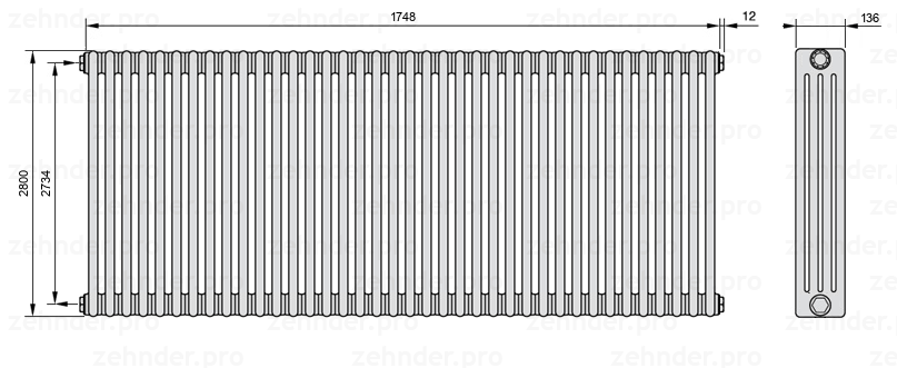 Схема (чертеж) Радиатор Zehnder Charleston 4280/38 №1270 Белый глянцевый RAL 9016